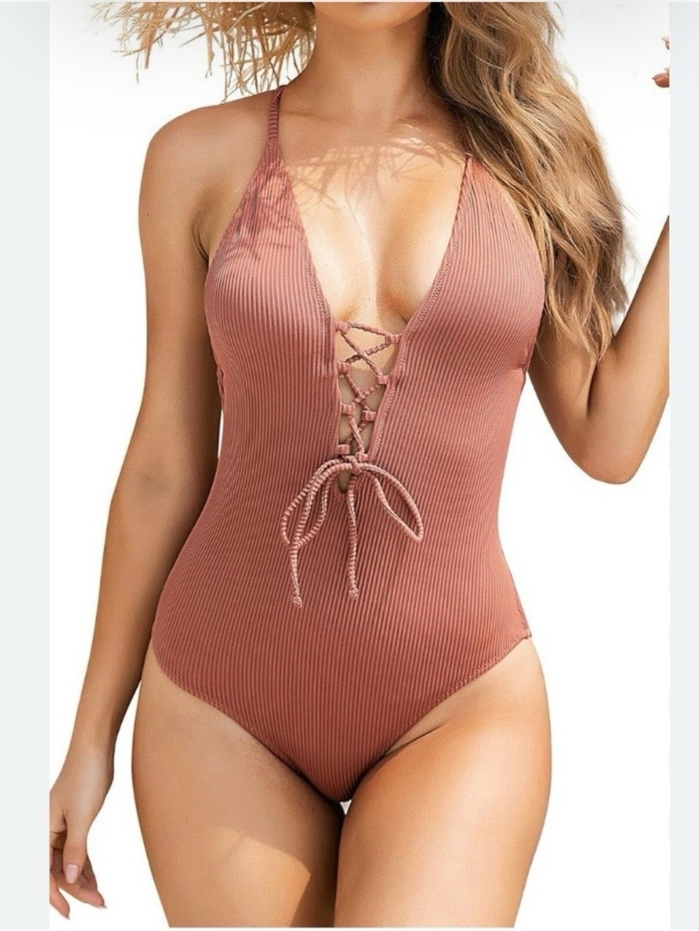 Cupshe Women's Rust Plunge V Neck Lace-Up Ribbed One Piece Swimsuit Size M